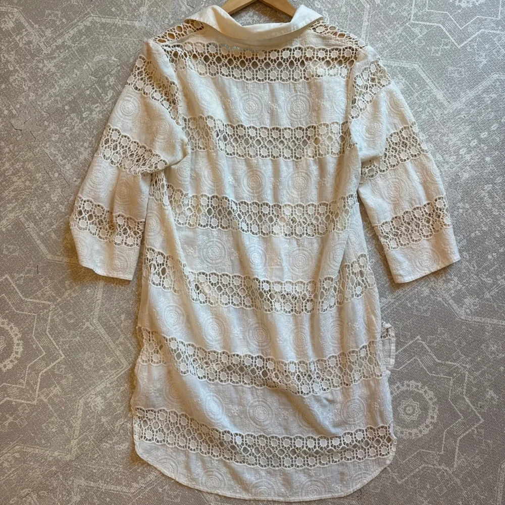 Solitaire Swim Cover Up Womens Large White Crochet Lace Embroidered Button Front
